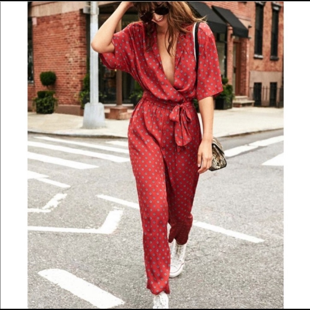 Urban Outfitters Red Silk Jumpsuit